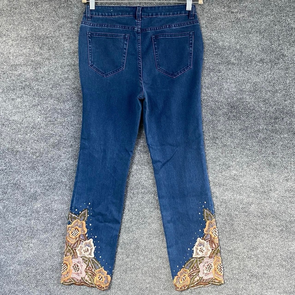 SOFT SURROUNDINGS BLUE DENIM JEANS EMBELLISHED FLORAL EMBROIDERED HEM Y2K BOHO